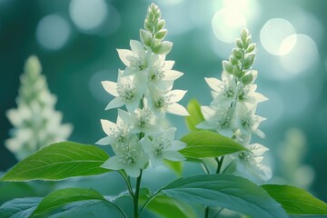 Wall Mural - Delicate White Flowers Blooming In Green Garden