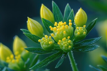 Wall Mural - Delicate Yellow Flowers with Green Leaves and Dewdrops