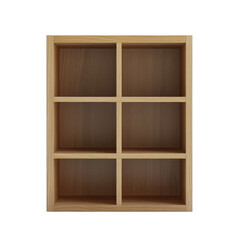 Aufkleber - A minimalist wooden shelving unit with six empty compartments stands against a white background.