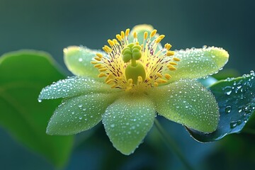 Wall Mural - Dewdrops adorn a vibrant green flower with yellow center