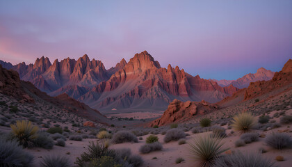 Majestic mountain landscape at dusk showcasing vibrant hues and rugged terrain in a serene wilderness setting