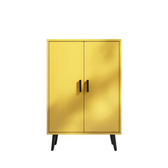Poster - A stylish yellow cabinet with black handles sits against a white wall, bathed in sunlight creating shadows.