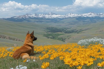 Wall Mural - Golden Dog Gazes Across Mountain Valley Wildflowers