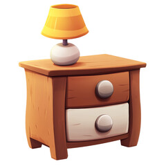Poster - A cartoon illustration of a small wooden nightstand with two drawers and a yellow table lamp on top.