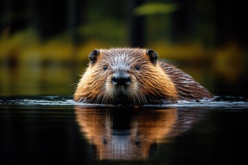 Wall Mural - North American Beaver Swimming In Dark Water