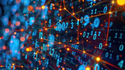 Poster - Vibrant abstract representation of data networks featuring intricate patterns of numbers and glowing connections, illustrating modern technology and digital analysis.