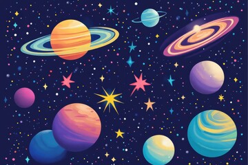 Aufkleber - Vibrant cosmic artwork featuring colorful planets and sparkling stars in a mesmerizing galaxy setting. Generative AI