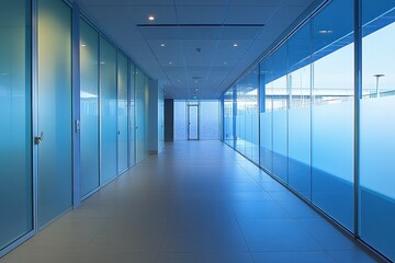 Poster - A spacious modern office corridor features sleek glass walls allowing natural light. The minimalist design promotes a fresh, professional atmosphere suitable for business environments.