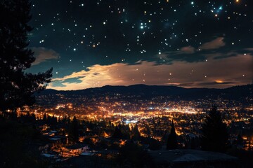 Poster - Starlit landscape showcasing a vibrant galaxy and glowing planets above a shimmering city at night. Generative AI