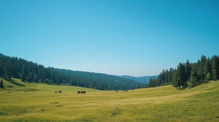 Poster - Cows grazing peacefully in a lush green meadow surrounded by trees on a bright sunny day in the countryside. Generative AI