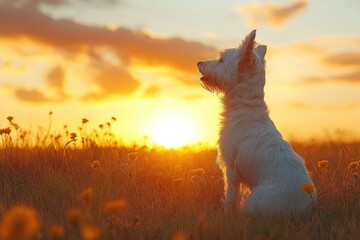 Wall Mural - White Dog Silhouetted Against Sunset In Field Of Flowers