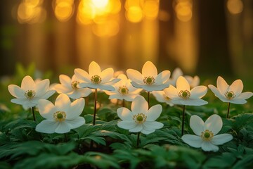 Wall Mural - White Flowers Blooming In Sunset Forest Light