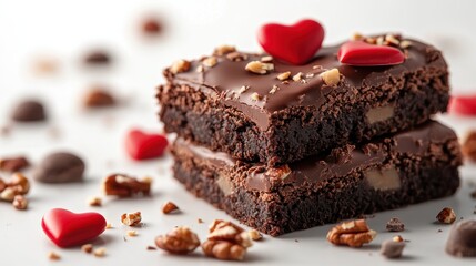 Two chocolate brownies are stacked with glossy chocolate coating, adorned with red heart shapes and sprinkled with nuts, in a delicious dessert setting.