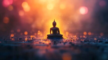 a symbolic image of gautama buddha sitting in a traditional meditation pose with a glowing aura, ref