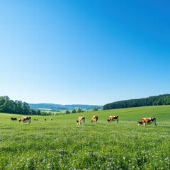 Poster - Cows grazing quietly in a vibrant green meadow under a clear blue sky in the countryside. Generative AI