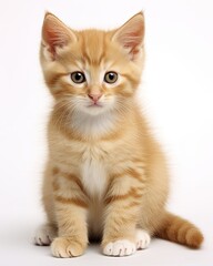 Wall Mural - Adorable Young Ginger Kitten with Soft Fur Sitting on White Background, Paws Front View - Perfect Stock Image for Felino Lovers