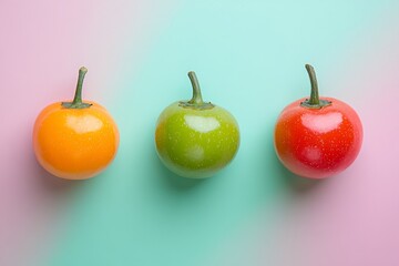 Canvas Print - Three small colorful peppers, yellow, green, and red, arranged on a pastel background