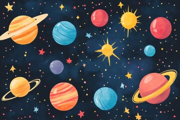 Poster - Vibrant galaxy print features colorful planets, stars, and nebulas in an imaginative cosmic design for creative projects. Generative AI