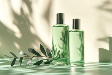 Wall Mural - Minimalistic composition featuring two green cosmetic bottles with a soft shadow and leaf accents