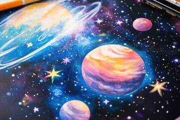 Aufkleber - Galaxy print showcasing vibrant planets and luminous stars in a cosmic backdrop of nebulas and swirling colors. Generative AI