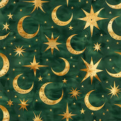 seamless pattern of golden moons and stars on green background