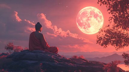 Wall Mural - Gautama Buddha meditating on a hilltop with the full moon in the background, symbolizing enlightenment and spiritual guidance