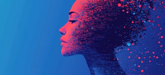 Artificial Intelligence concept with a digital human profile made of binary code and circuitry on a blue background Generative AI