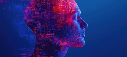 Abstract digital human profile with binary code and circuit patterns, symbolizing artificial intelligence technology concept Generative AI