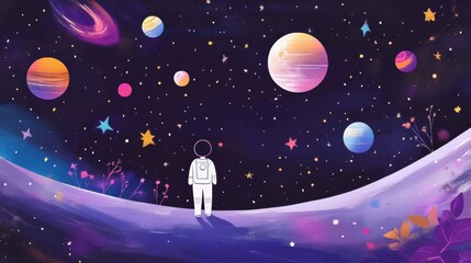 Fototapete - Galactic exploration featuring vibrant stars, glowing planets, and an astronaut in a colorful cosmic landscape. Generative AI