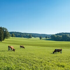 Aufkleber - Cows grazing peacefully on a lush green meadow in a serene landscape during bright daylight. Generative AI