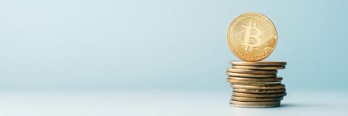 Poster - Golden bitcoin standing on a stack of coins representing investment, finance, and the growing importance of cryptocurrency in the modern financial landscape