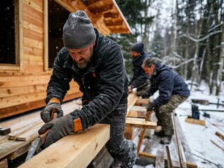 Construction of a wooden cabin in a snowy forest, workers wearing warm clothing and using hand tools