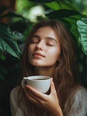 Poster - Woman with eyes closed holding coffee