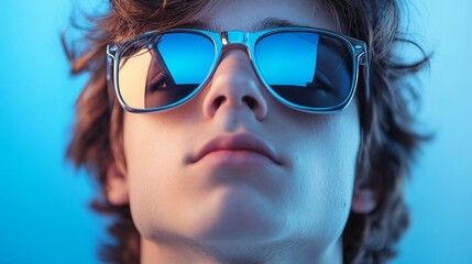 Poster - Close-up of a young man wearing stylish sunglasses with reflective lenses against a minimalistic blue background