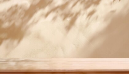 Poster - natural beige textured wall with soft tree shadow overlay and light wooden plank foreground, perfect for product display or design backdrop