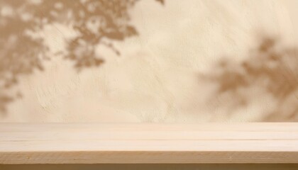 Poster - natural beige textured wall with soft tree shadow overlay and light wooden plank foreground, perfect for product display or design backdrop