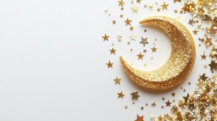 Wall Mural - Close-up of a glittery golden crescent moon surrounded by scattered gold stars on a white background