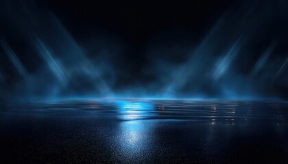 Poster - ethereal blue spotlight reflections over a serene water surface in the dark, perfect for mystical, cinematic, or atmospheric designs