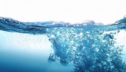Poster - dynamic underwater bubbles and ripples in clear blue water with sunlight effects, ideal for advertising purity, freshness, and hydration

