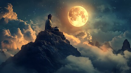 Wall Mural - A tranquil depiction of Gautama Buddha sitting on a mountain peak with the full moon in the background, symbolizing spiritual guidance and peace