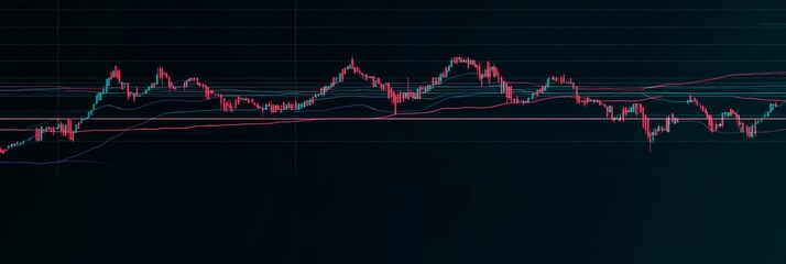 Poster - Colorful candlestick chart displaying bitcoin price trends and market volatility in cryptocurrency trading on a dark background