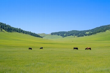 Aufkleber - Cows grazing on a lush green meadow under a clear blue sky in a tranquil rural setting. Generative AI