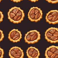 Wall Mural - Pecan pie flat illustration icons, Pecan pie seamless pattern