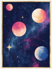 Aufkleber - Vibrant galaxy print featuring stars, nebulas, and glowing planets in a cosmic landscape. Generative AI