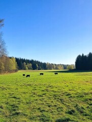 Aufkleber - Calm cows grazing peacefully on a vibrant green meadow under clear blue skies in early springtime. Generative AI