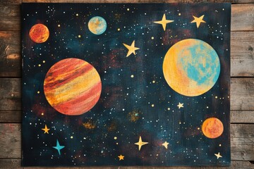 Aufkleber - Vibrant galaxy print showcasing glowing planets and colorful nebulas among twinkling stars in a cosmic landscape. Generative AI