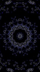 Poster - Hypnotic abstract kaleidoscope pattern featuring glowing neon rings arranged in circular symmetry against a black background. Vertical video animation 