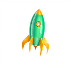 A cartoon rocket ship with emerald green and golden yellow accents. Isolated on a white background, ideal for futuristic or playful design mockups.