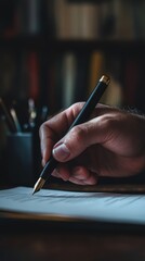 Poster - Close up of a businessman's hand writing on financial documents with an elegant pen, in a home office library setting, suggesting investment decisions and wealth management