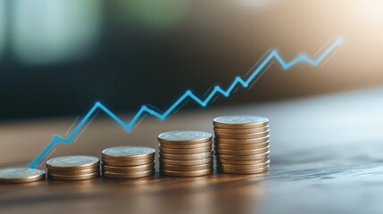 Poster - Stacks of coins with increasing height symbolize growing investment returns, illustrating a positive financial growth trend over time